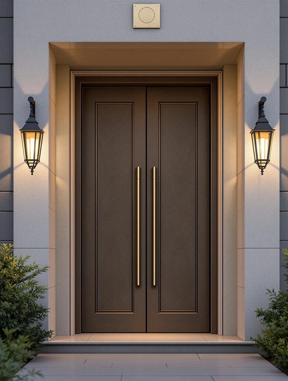 Monumental smoked-oak pivot door with brass pull