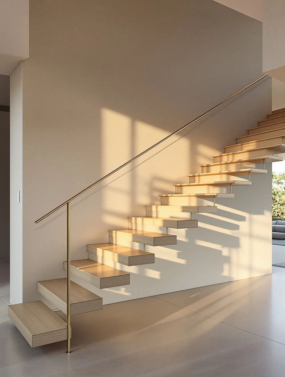 Floating oak staircase with brass railing