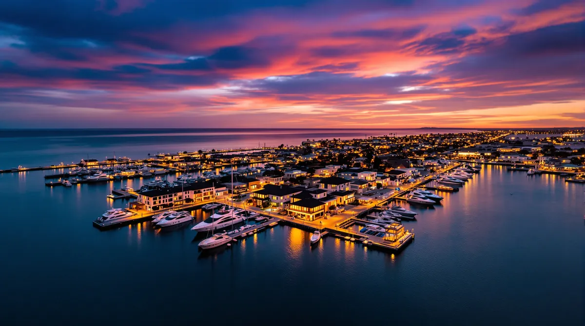 Newport Beach harbor with yachts at dusk