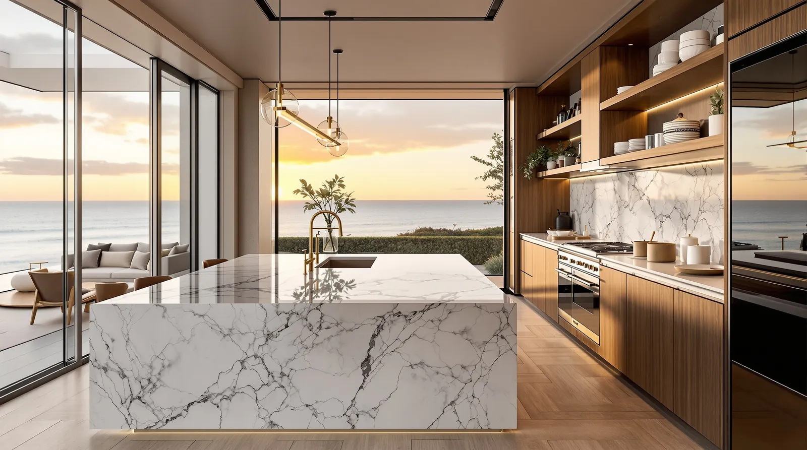 Kitchen with Calacatta Viola marble island and ocean view
