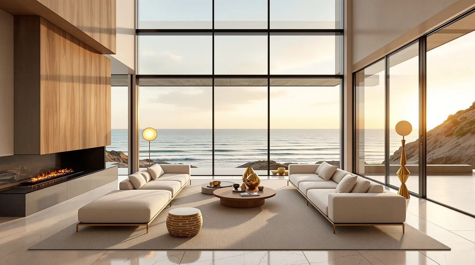Double-height great room with retracting glass wall
