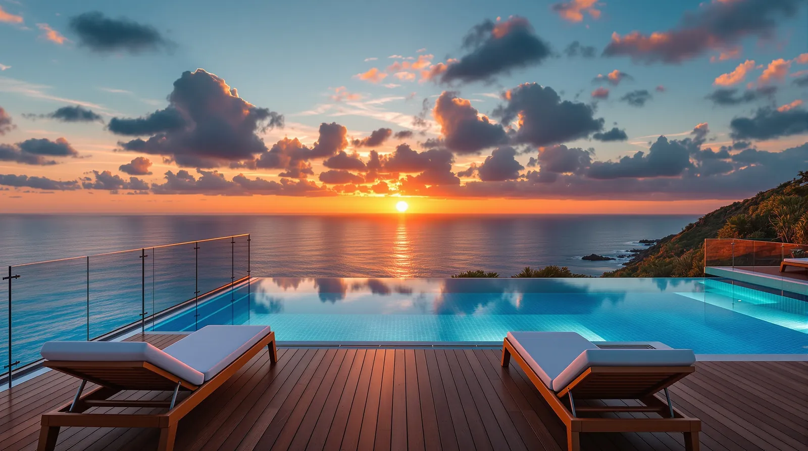 Infinity pool merging with the Pacific horizon at sunset