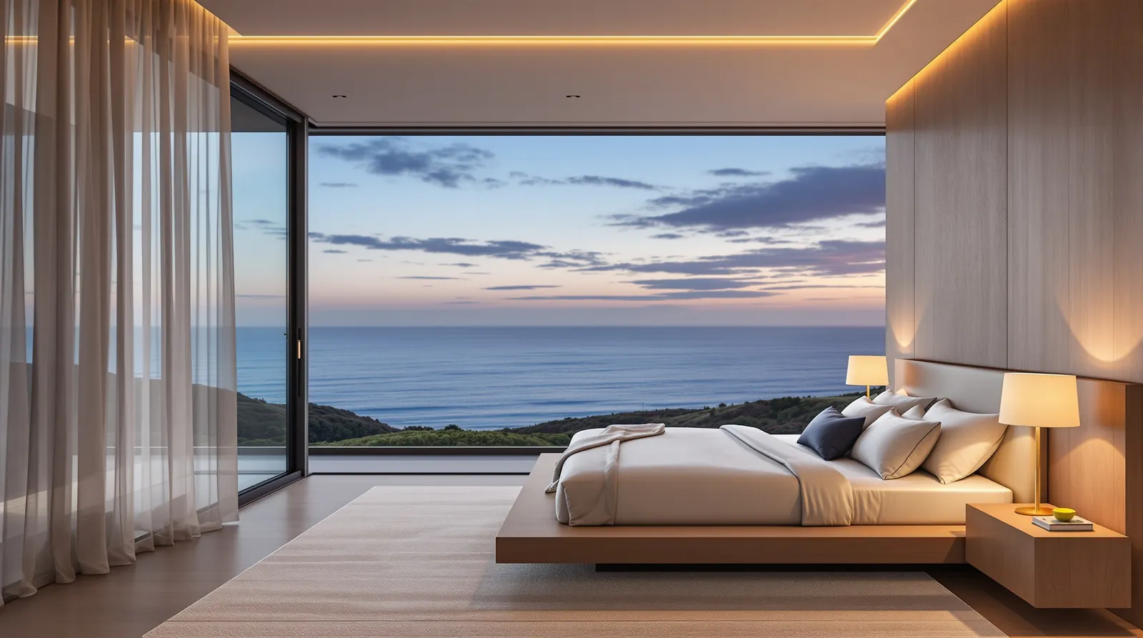 Primary suite opening to an ocean-view terrace at dusk