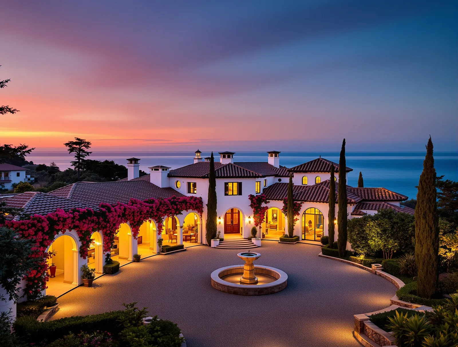 Casa del Mar — a Mediterranean villa at dusk in Malibu Colony