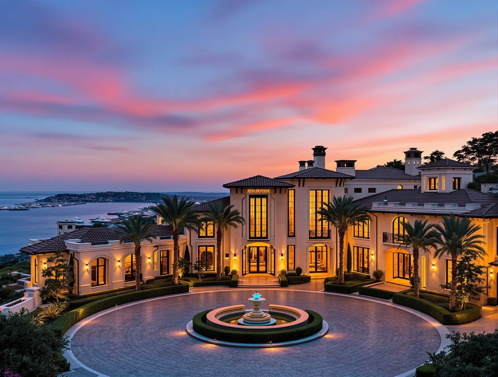 Villa Serena — a limestone estate at dusk in Newport Coast