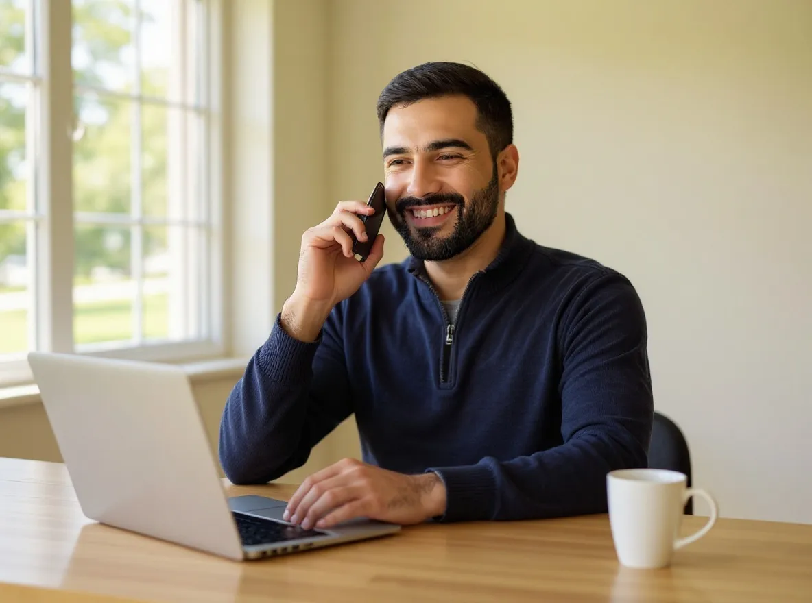 Matt on the phone at his desk in a bright home office