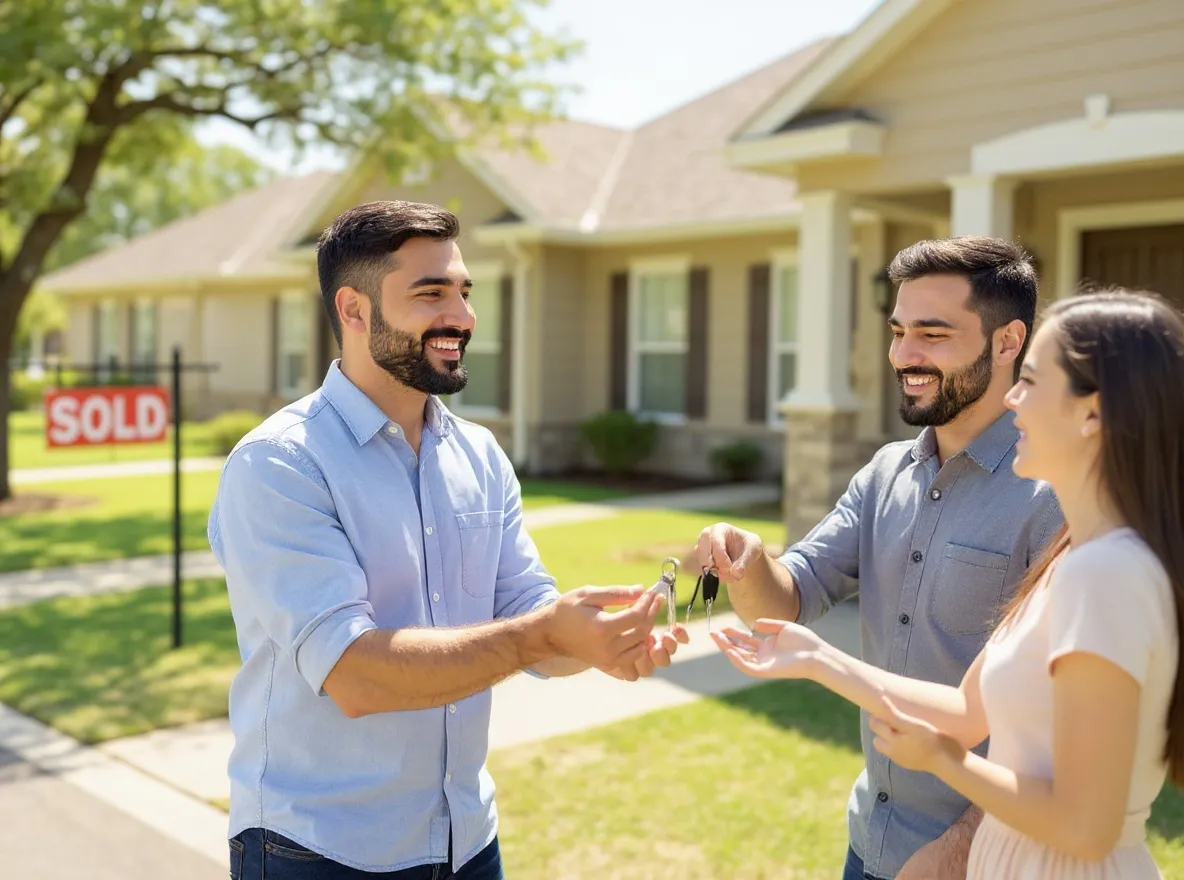 Matt handing house keys to a young couple in front of a SOLD sign