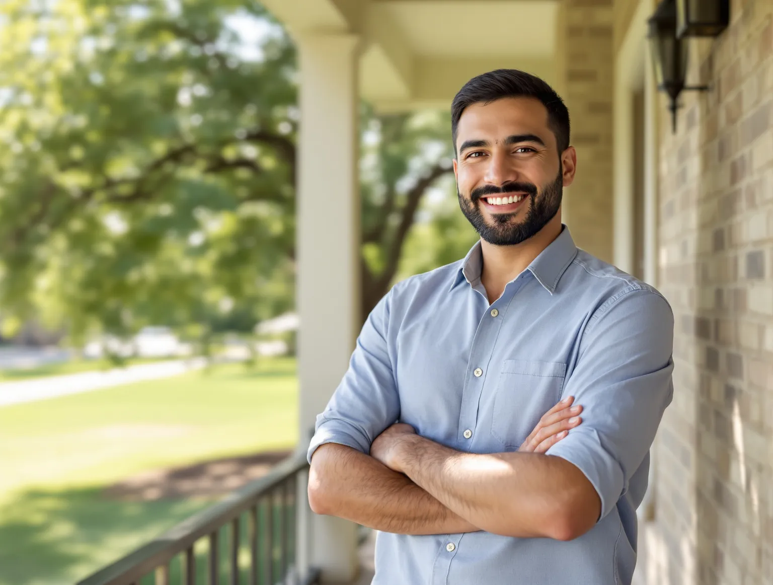 Matt Reyes smiling on the front porch of a Texas limestone home