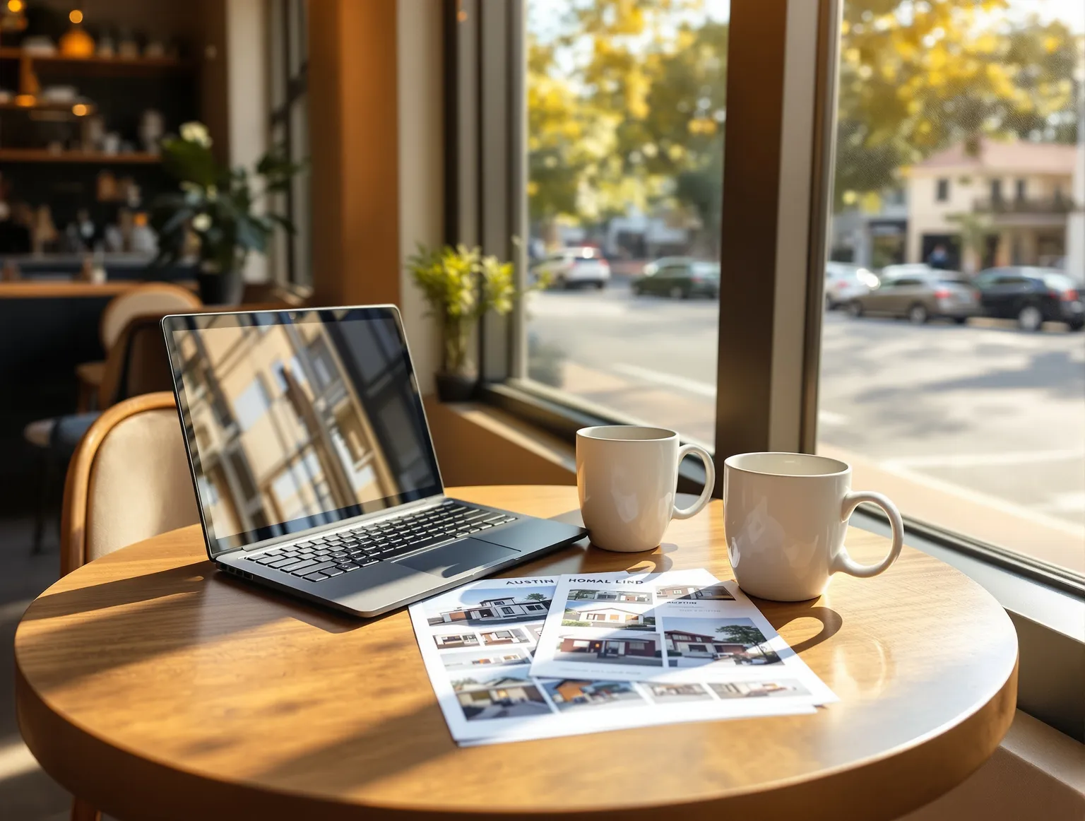 Coffee mugs and home listing sheets on a sunny cafe table