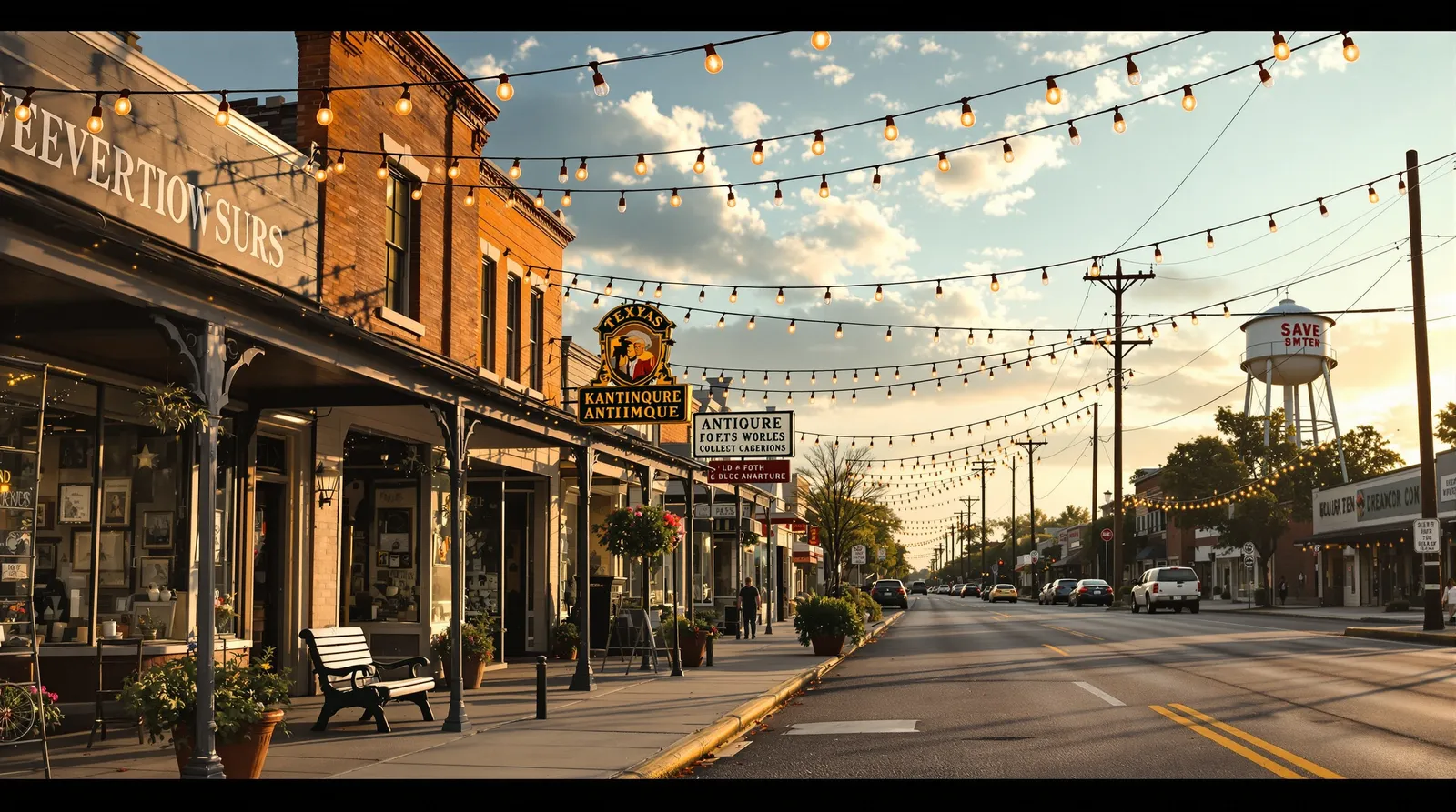 Buda's small-town main street with string lights and a water tower