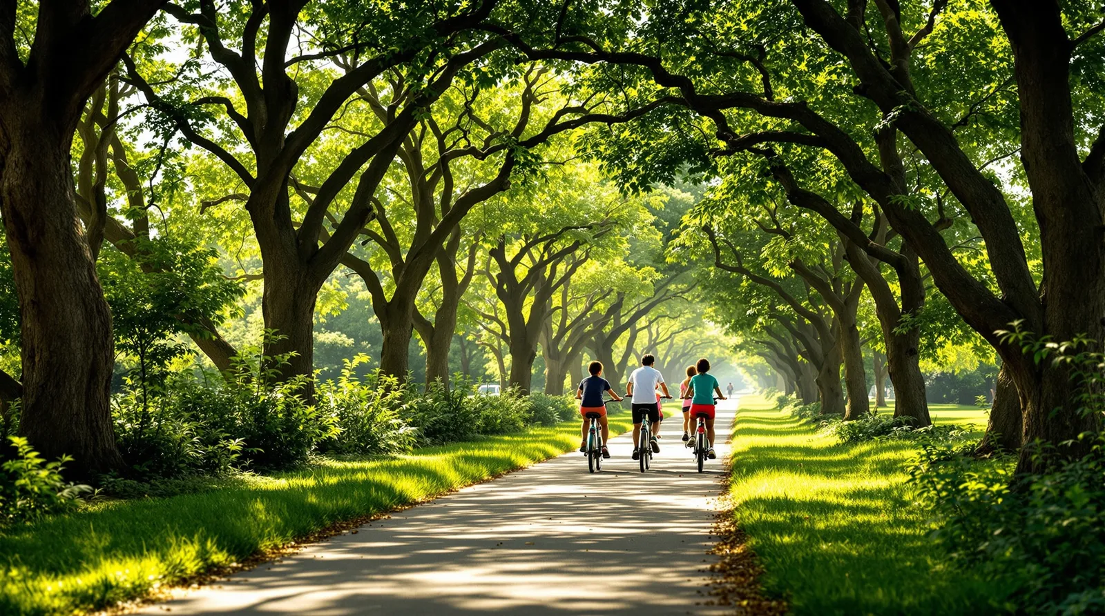 Family biking a shaded greenbelt trail in Pflugerville