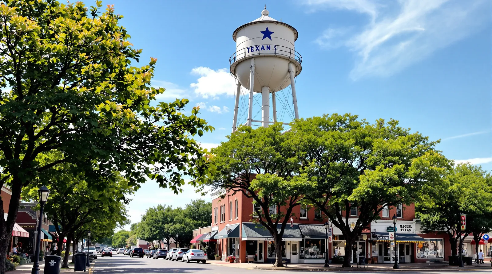 Water tower over Round Rock's tree-lined main street