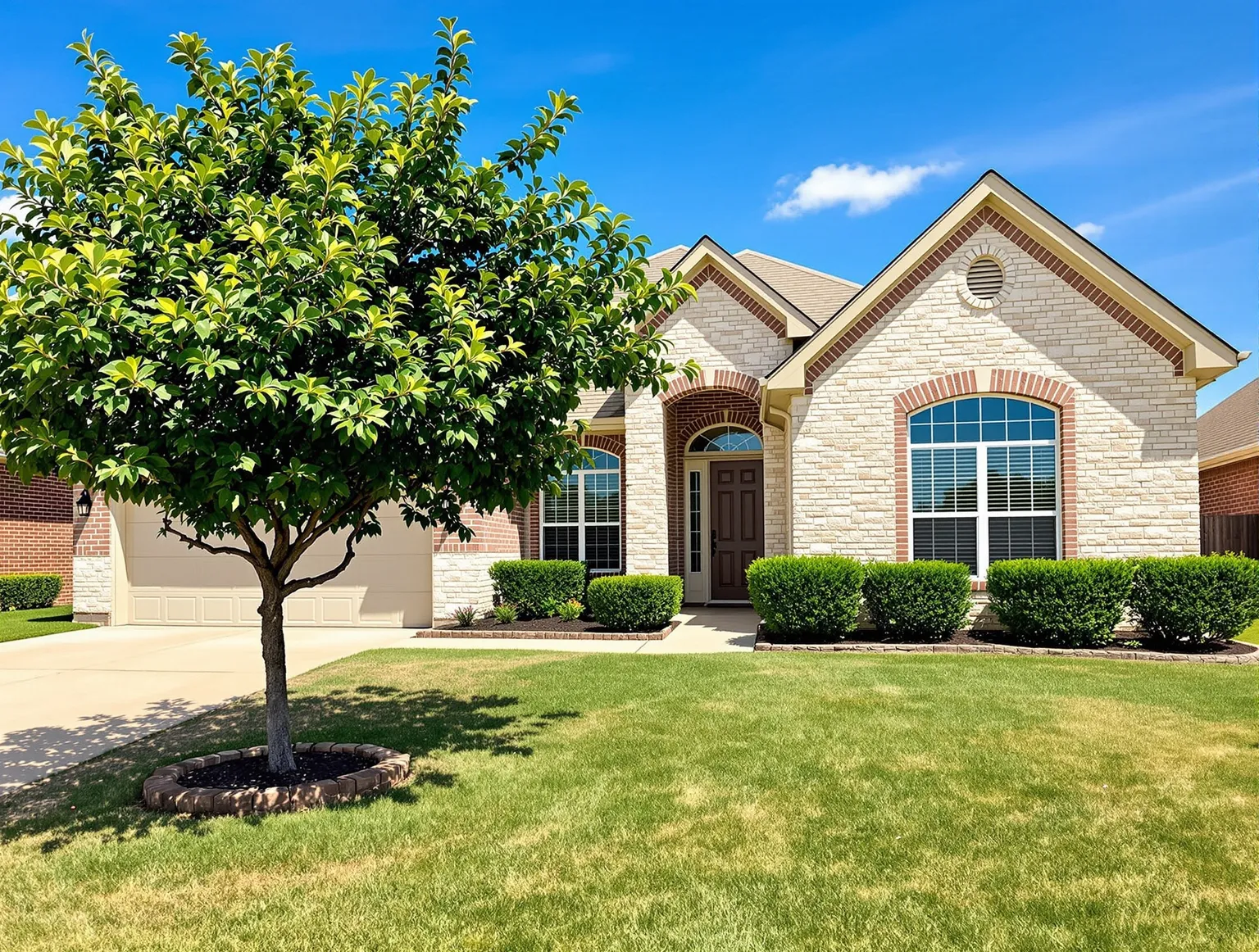 Single-story stone home on a corner lot in Cedar Park