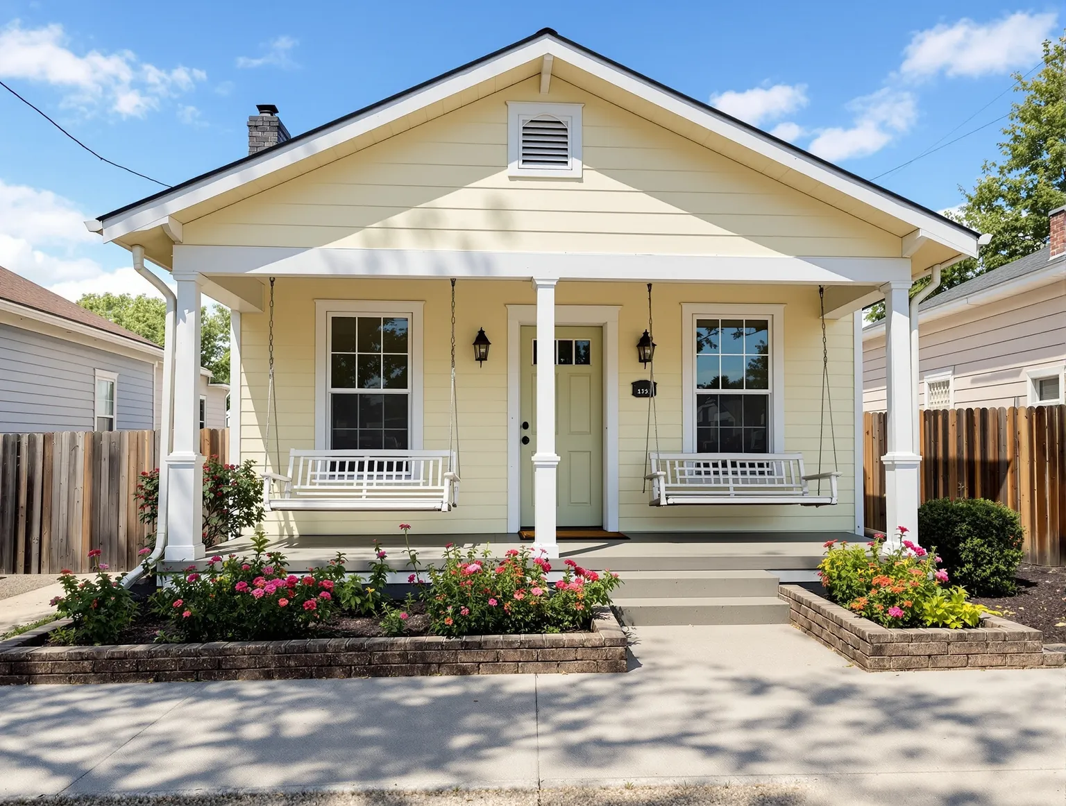 Yellow cottage-style bungalow with porch swing in Georgetown