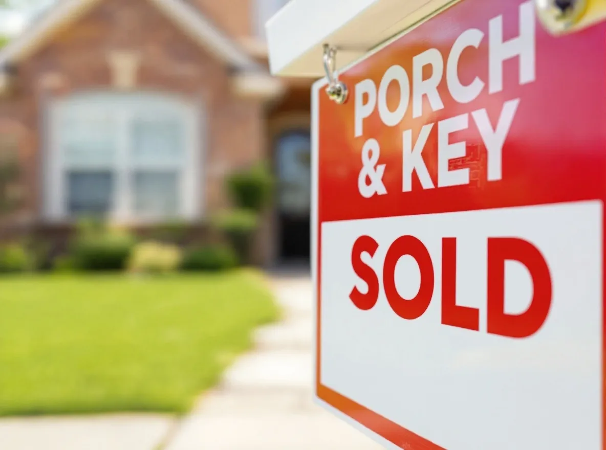 Porch and Key SOLD sign in front of a brick home