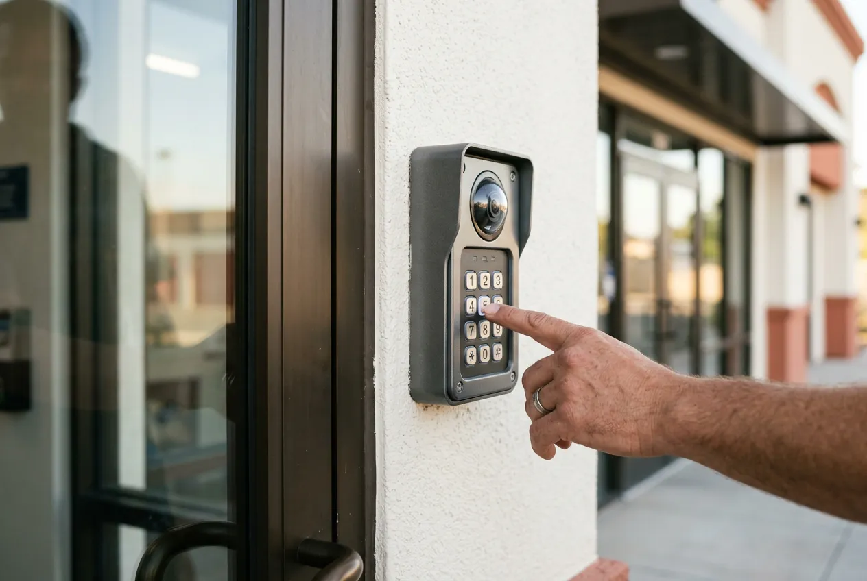 A hand tapping a key fob against the keypad entry beside the facility's glass door