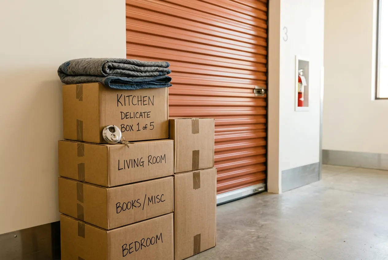 Labeled moving boxes and a folded blanket stacked beside a terracotta unit door