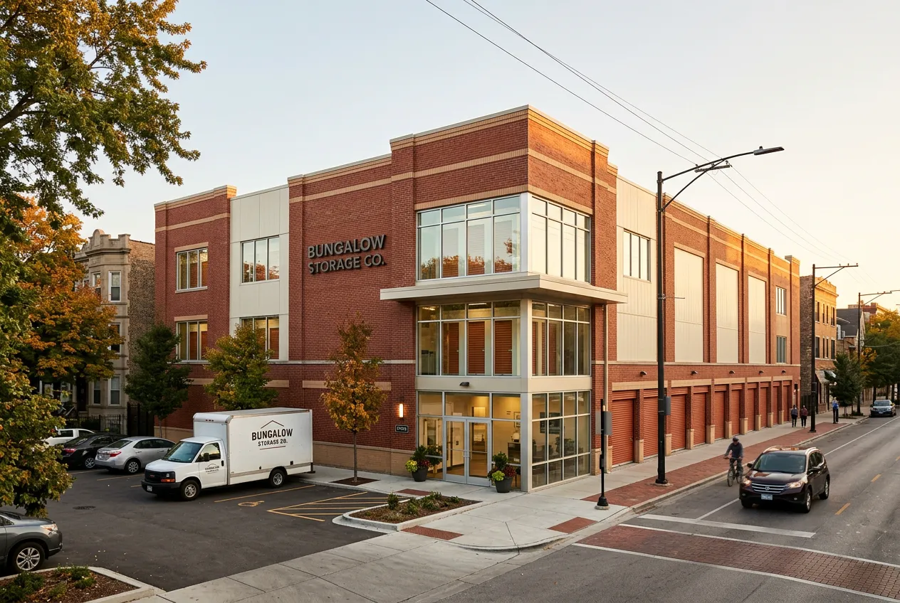 The red-brick Bungalow Storage Co. building on its leafy Chicago corner at golden hour
