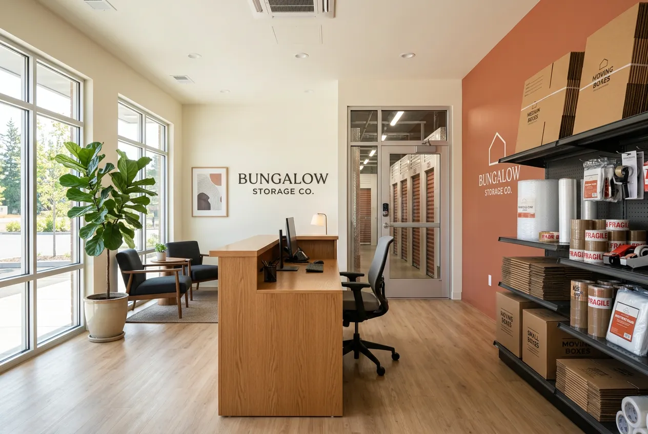 The bright front office of Bungalow Storage Co., with moving supplies on shelves