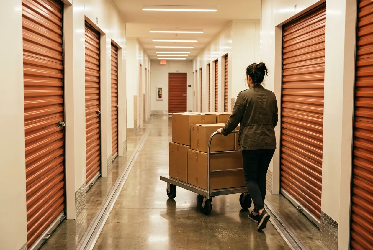 A person wheeling a cart of boxes down a bright corridor of terracotta storage doors