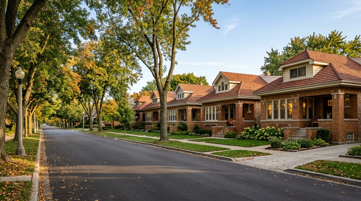 A tree-lined street of classic brick Chicago bungalows in morning light
