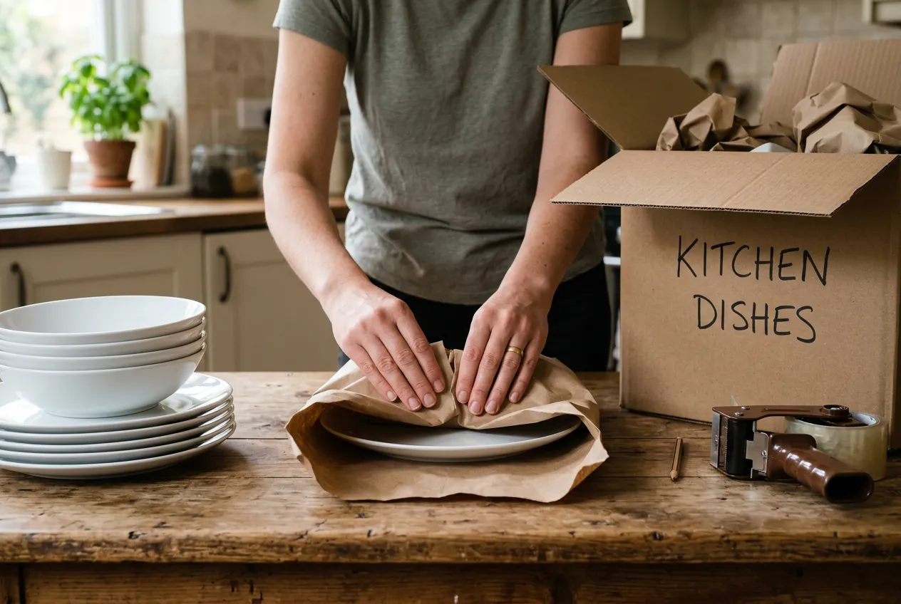 Hands wrapping white dishes in packing paper beside a moving box labeled kitchen dishes