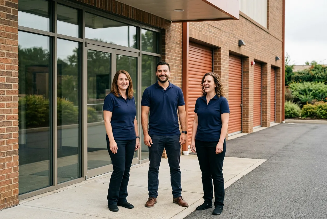 The three-person Bungalow Storage Co. team standing outside the facility's glass entrance