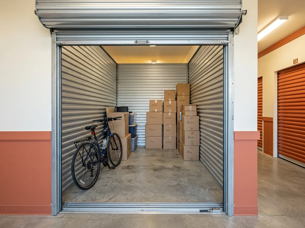 A large storage unit holding a full household of labeled boxes and a bicycle