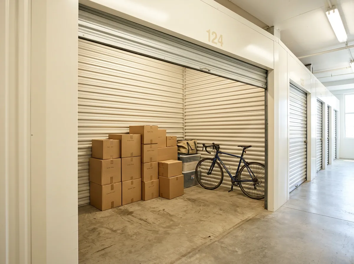 A tidy medium storage unit with labeled boxes, bins, and a road bike