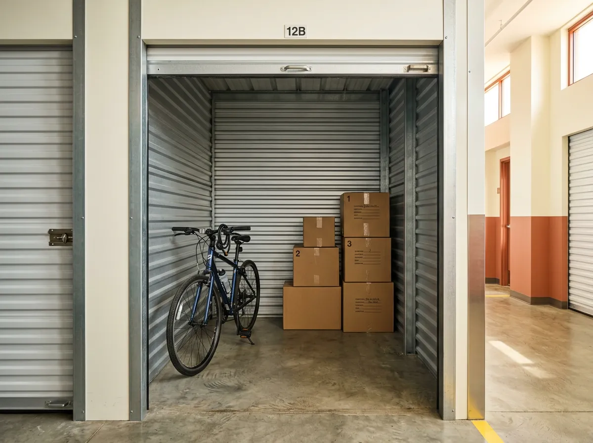 A small storage unit holding stacked boxes and a bicycle, seen through its open door