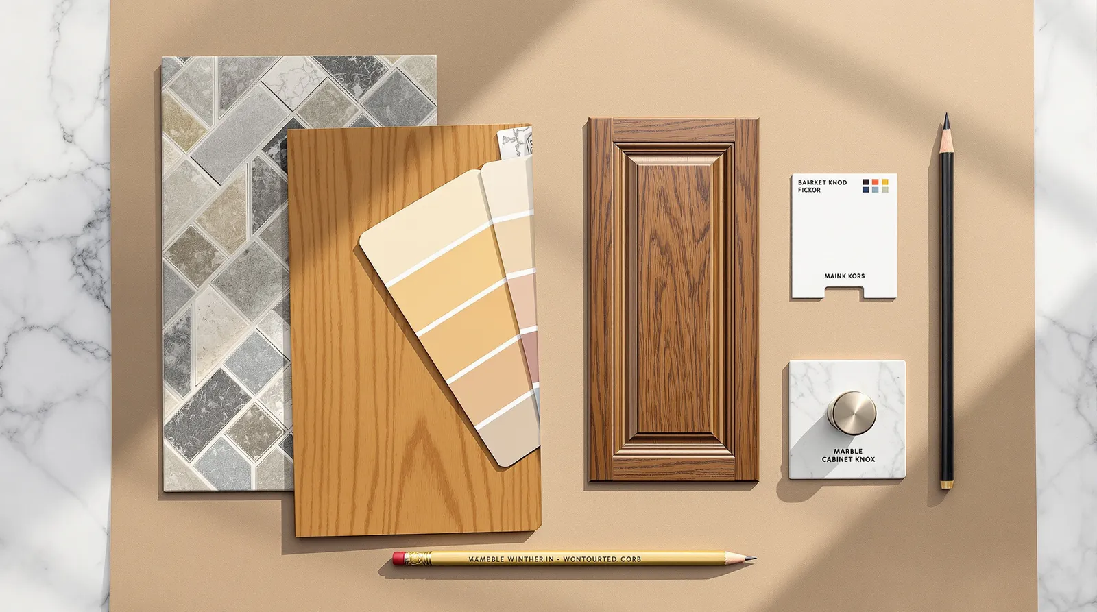 Remodel materials laid out and labeled — tile samples, cabinet door, finish boards, and a brass hardware card