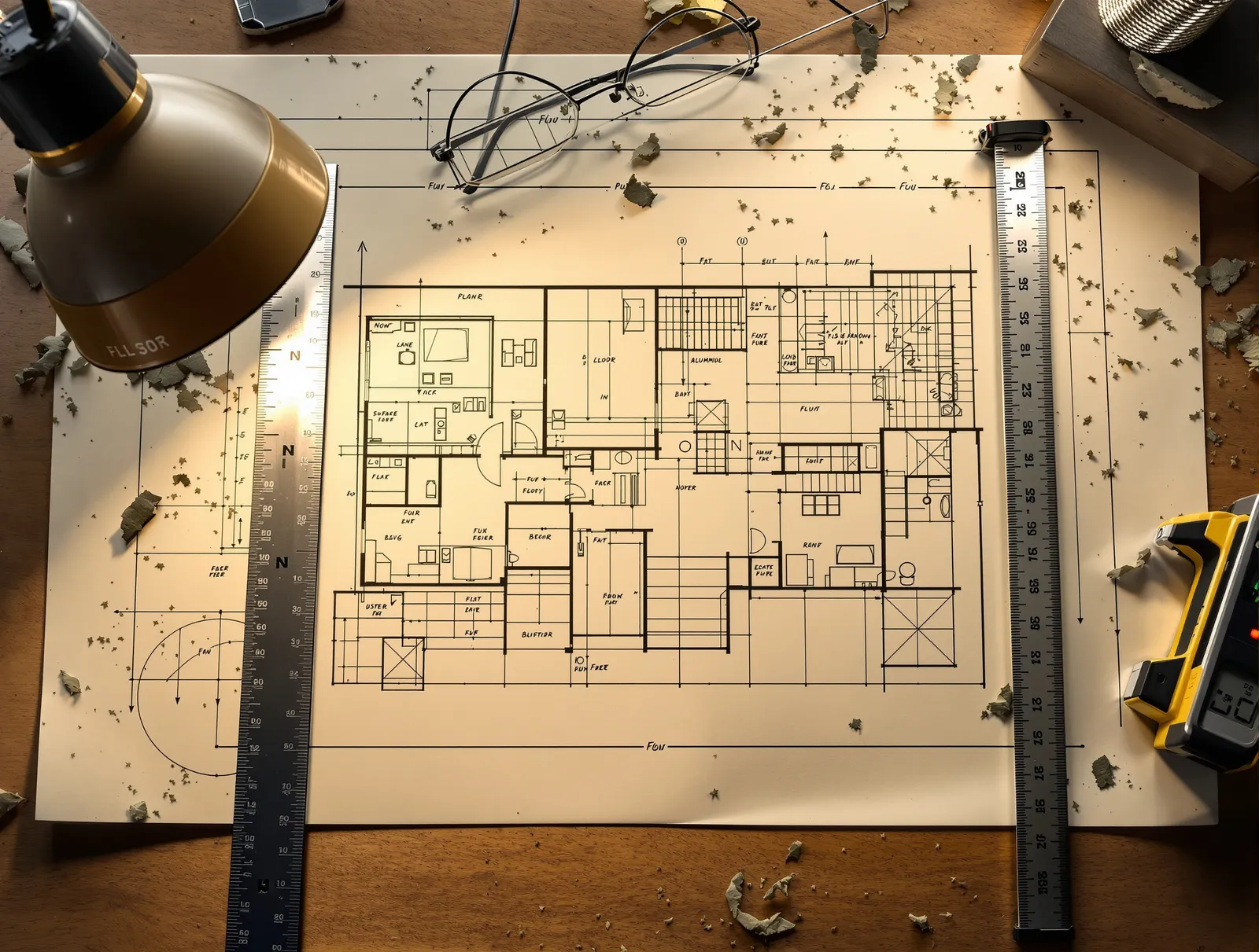 A construction drawing on a drafting table with scale ruler, pencil, and laser measure