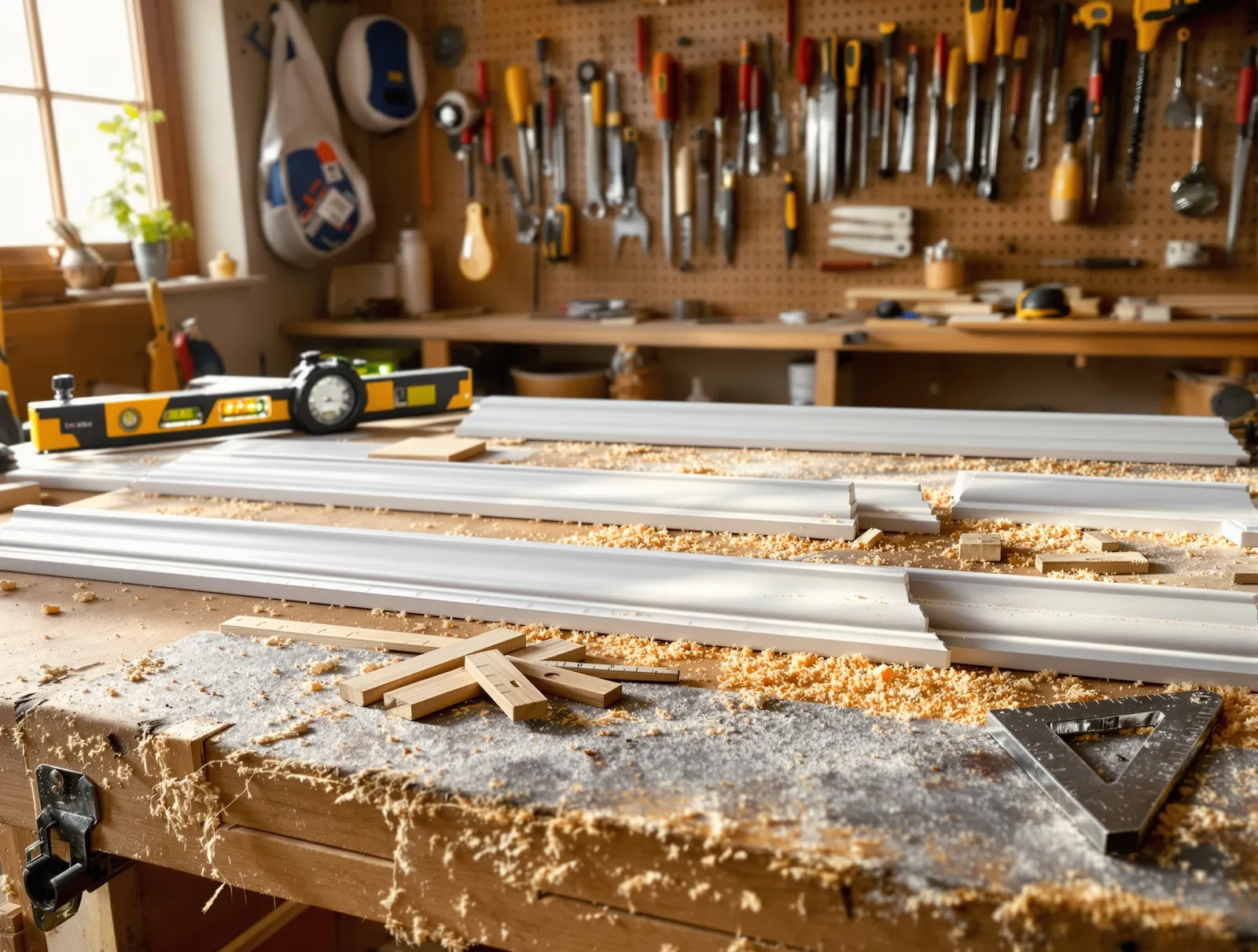 A carpenter's workbench with a level, speed square, and freshly cut trim pieces