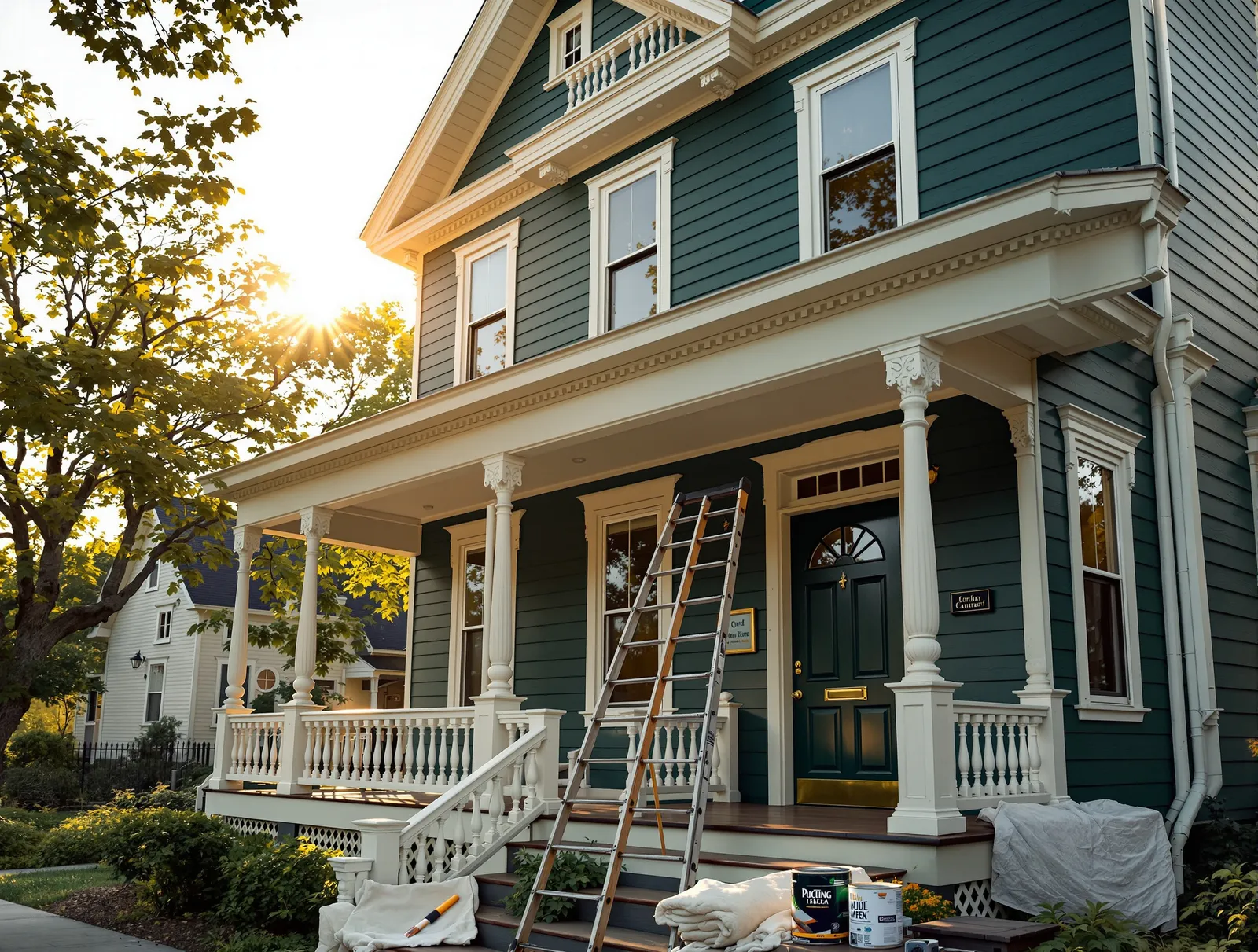 A freshly painted deep-green Victorian with crisp white trim glowing in golden-hour light, a painter's ladder and drop cloths on the porch