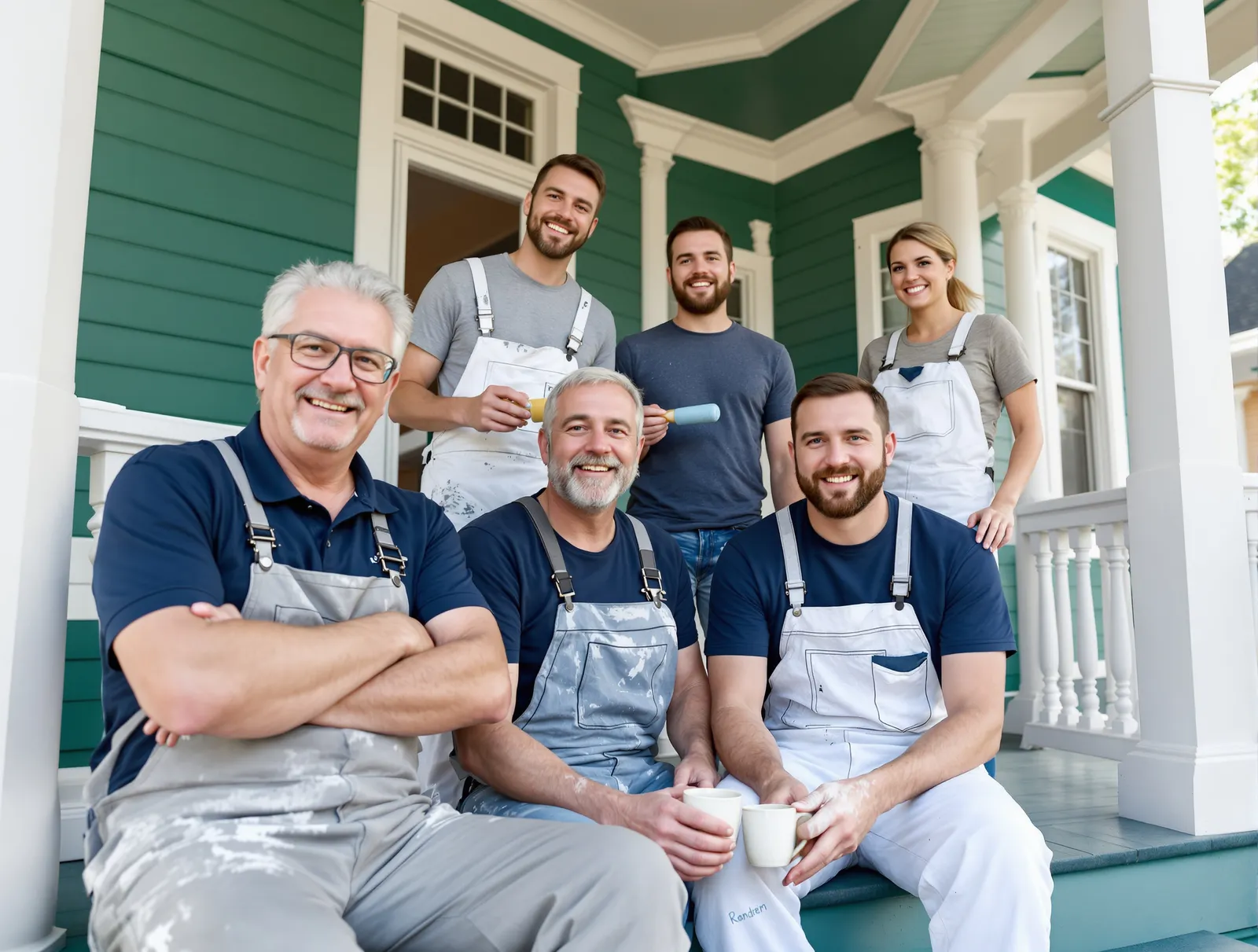 The five-person Prime & Proper crew taking a break on the porch of a finished deep-green Victorian paint job