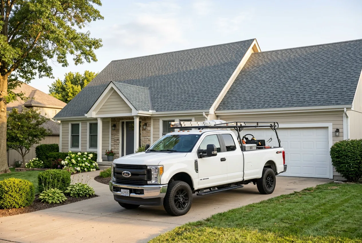 A Crown Ridge Roofing crew truck parked in front of a completed slate-gray roof