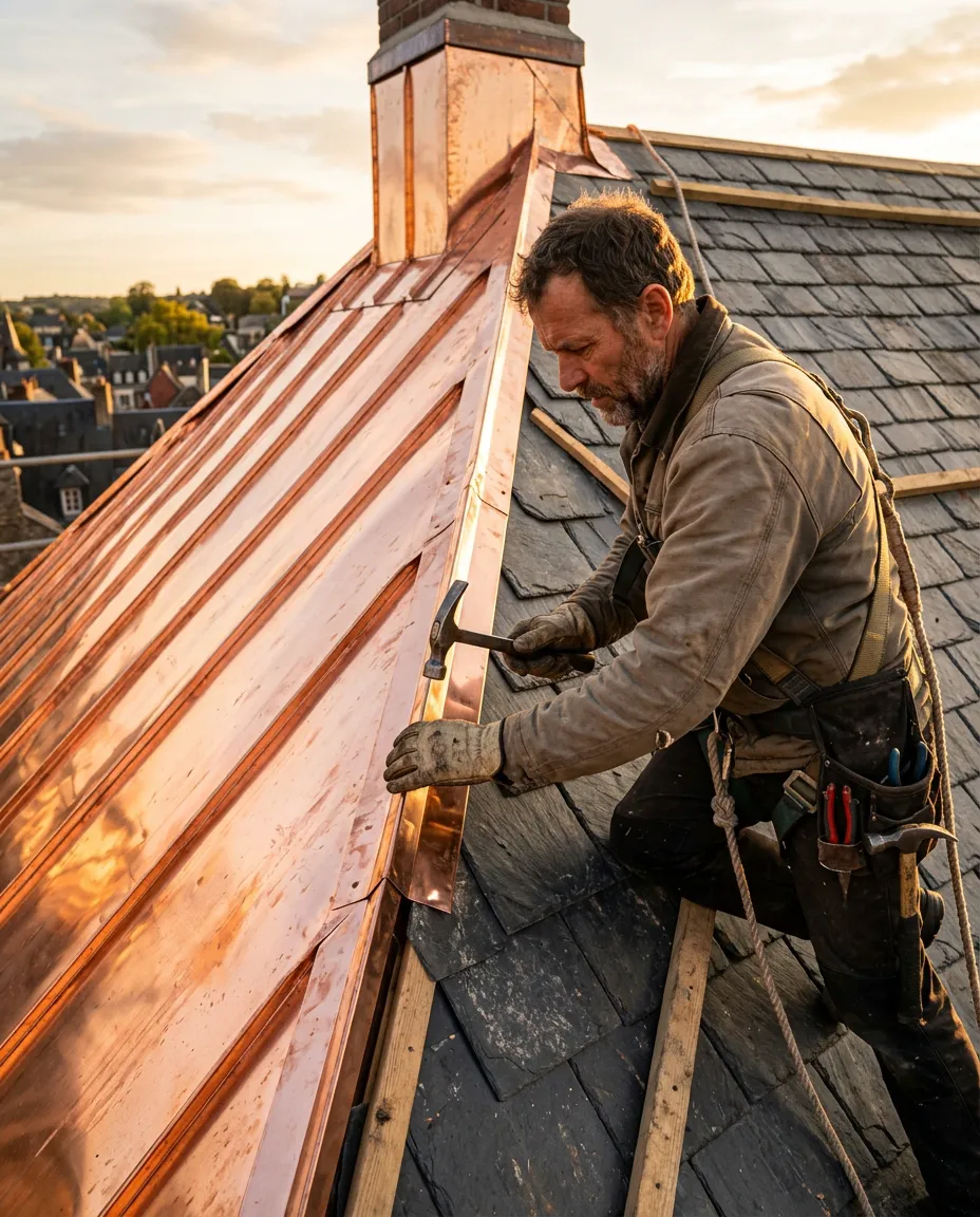 A Crown Ridge installer hand-fitting copper flashing on a steep slate-gray roof