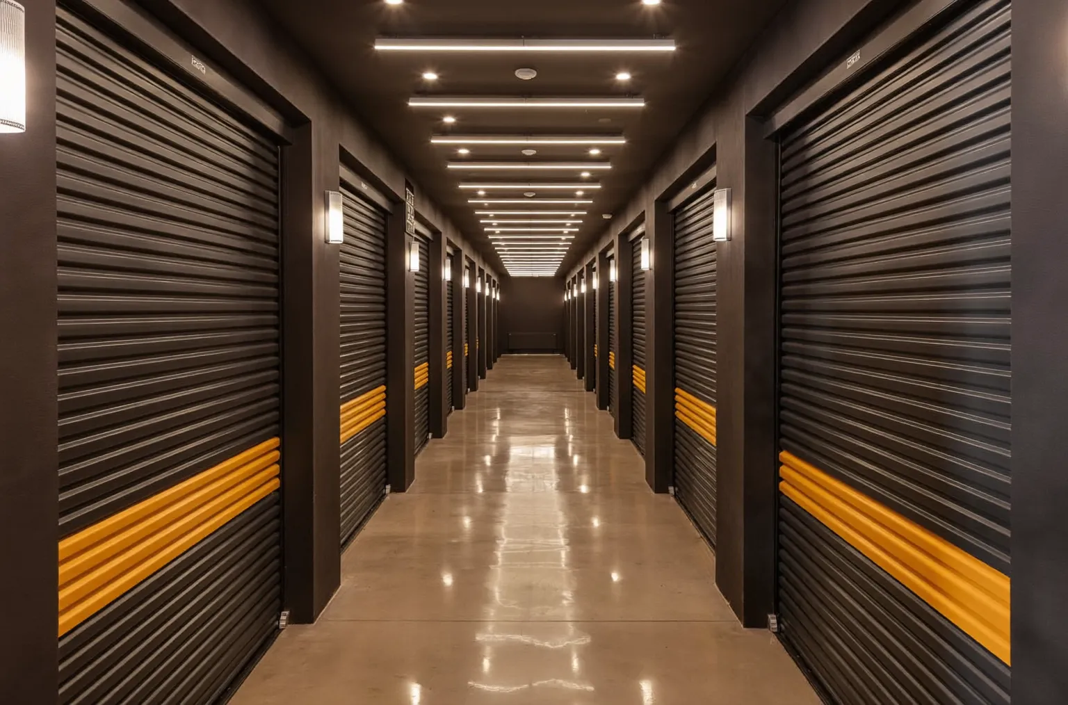 A clean, brightly lit corridor of amber storage unit doors