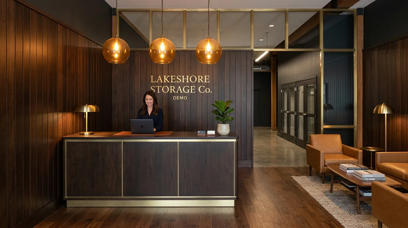 The warm, wood-paneled lobby of Lakeshore Storage Co.