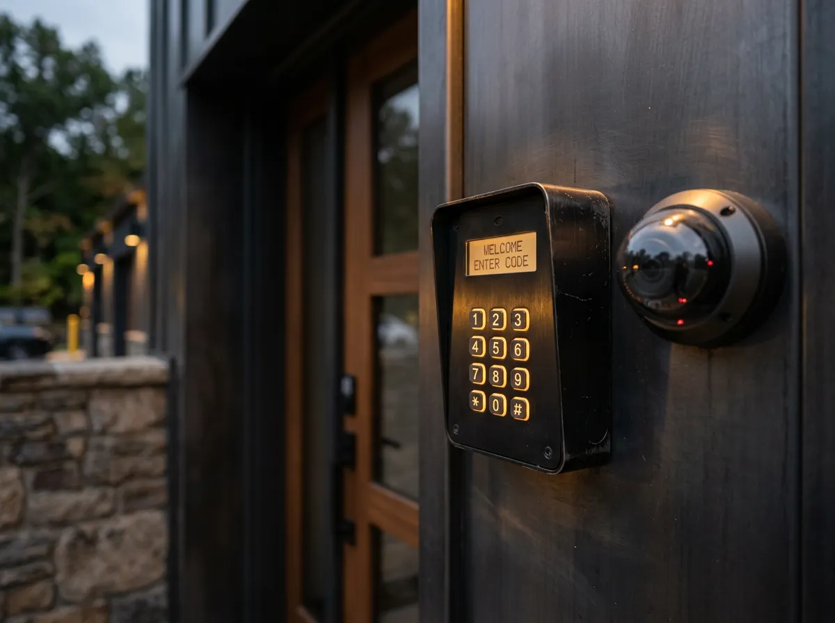 Security keypad and camera at a storage facility entrance