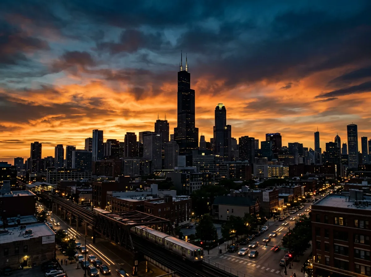 The Chicago skyline at dusk seen from the West Loop