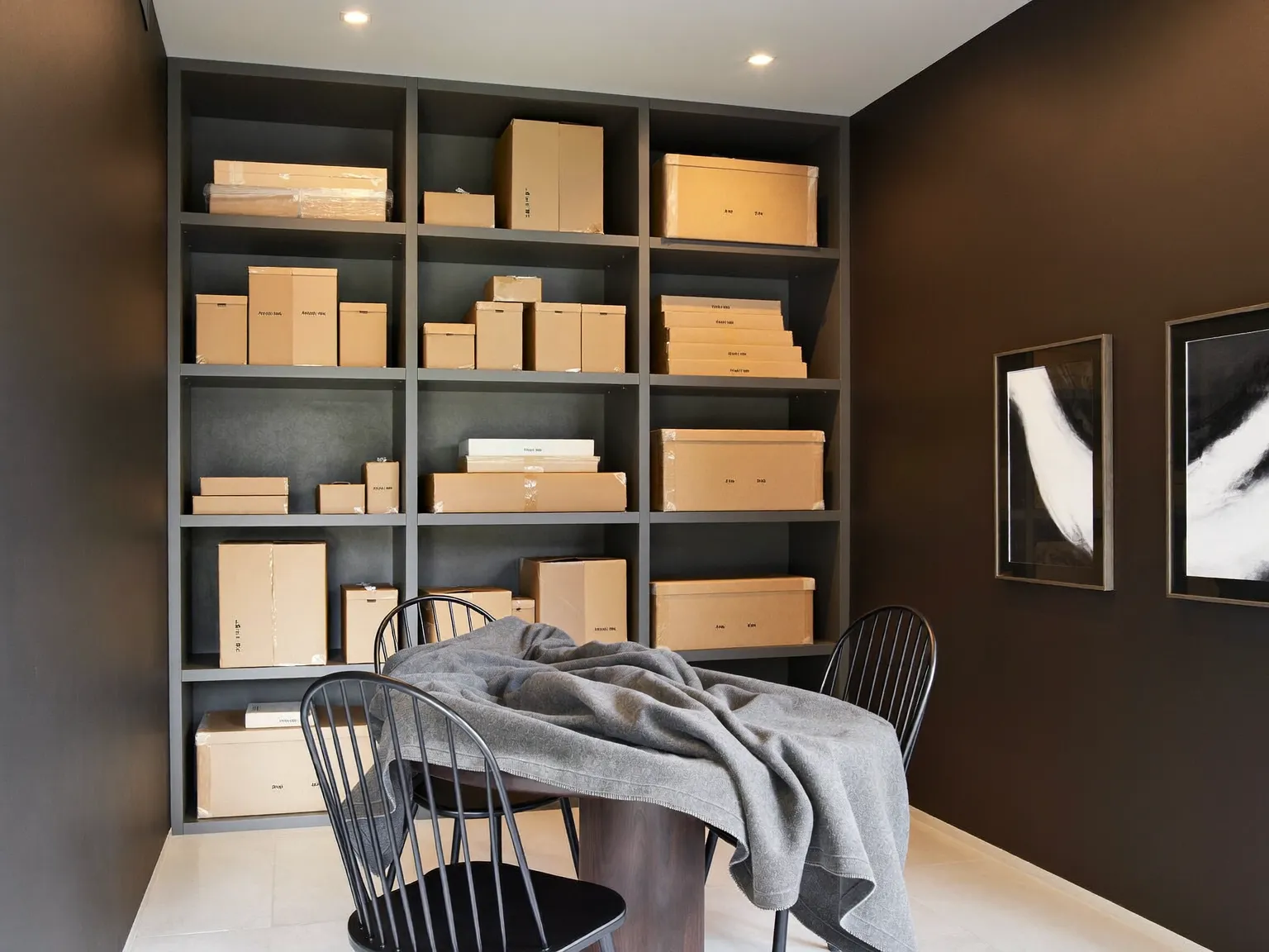 Inside a clean climate-controlled storage unit with neatly stacked boxes